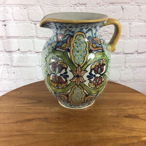 Vintage Hand Painted Mexican Traveler Water Pitcher Artist Signed T. De La Reyna